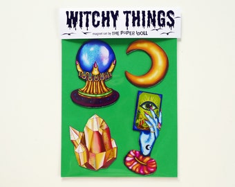 Hekserijmagnetenset: tarot, maan, kristallen bol en kristal