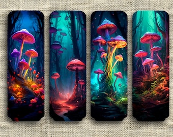 Juego de marcapáginas de hongos de fantasía: arte de bosque que brilla en la oscuridad, hongos psicodélicos, estética cottagecore, regalo para amantes de los libros, marcapáginas místicos