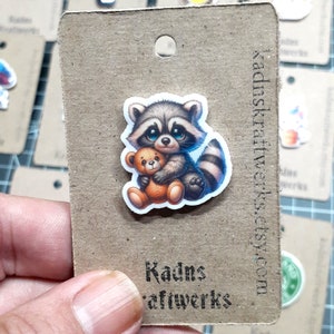Shrink Plastic Pin | Cute Raccoon with Teddy Bear  | Colorful Badge | Handmade |