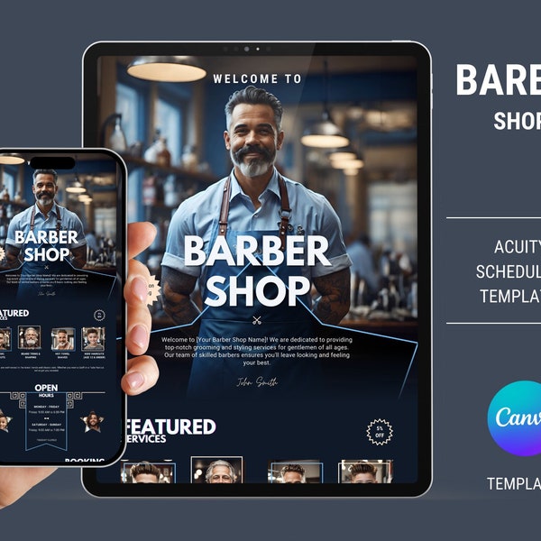 Barbershop, Men Salon Acuity Scheduling Template, Easy to Edit Booking Site Template with Canva