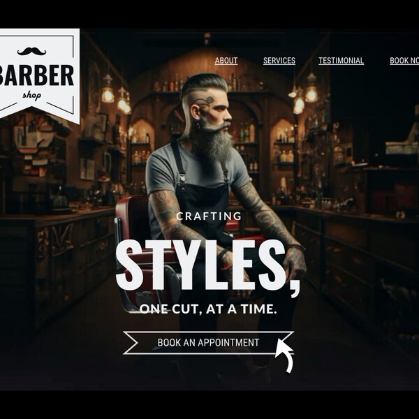 Plantilla de sitio web simple para barberos, fácil de editar con Canva, página de inicio de peluquería masculina, sitio web de una página