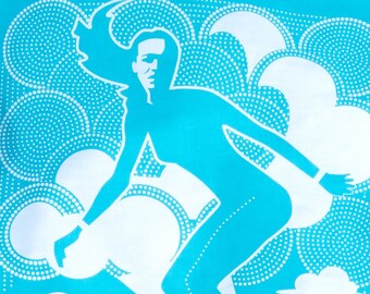 Newquay Tea Towel, Surfer Girl catching a wave into Newquay