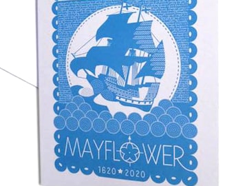 set of 6 Mayflower 400th Anniversary celebration greeting card in cobalt blue, designed & printed in the UK