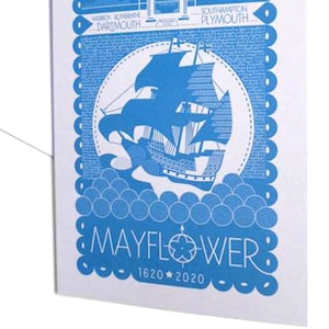 1 cartão comemorativo do 400º aniversário do Mayflower em azul cobalto, desenhado e impresso no Reino Unido