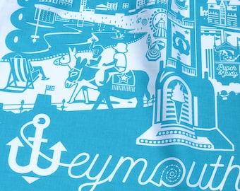 1 Weymouth  tea towel inspired by the Dorset seaside town. 100% cotton, turquoise, with hanging hook