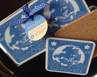 set of 4 Mayflower 400th Anniversary celebration melamine coasters in gorgeous cobalt blue