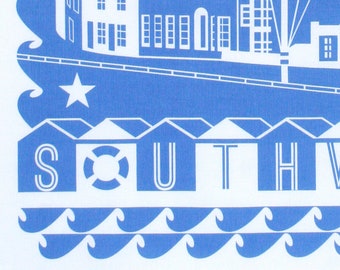 1 Southwold tea towel in gorgeous cobalt blue, 100% cotton craft screen printed in the UK, gift-ready in fun info pack