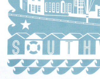 1 Southwold tea towel in gorgeous duck egg, 100% cotton craft screen printed in the UK, gift-ready in fun info pack