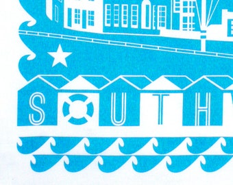 1 Southwold tea towel in gorgeous turquoise, 100% cotton craft screen printed in the UK, gift-ready in fun info pack