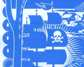 Penzance tea towel, beautiful cobalt blue, craft printed in the UK on 100% cotton with hanging hook, with pirates arriving in Penzance.