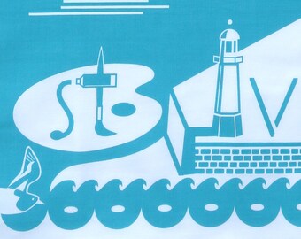 St Ives Tea Towel, beautiful turquoise blue, craft printed in the UK on 100% cotton with hanging hook, with scene of St Ives.