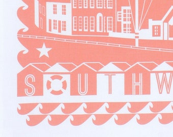 1 Southwold tea towel in gorgeous coral, 100% cotton craft screen printed in the UK, gift-ready in fun info pack