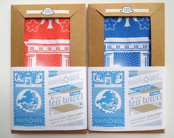1 Mayflower 400th Anniversary celebration tea towel in flag red, 100% cotton craft screen printed in the UK