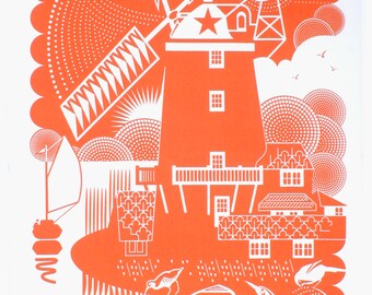 Norfolk  tea towel mandarin RED