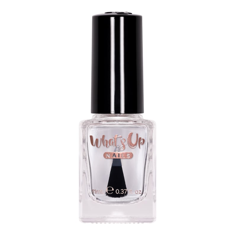 May include: A clear glass bottle of nail polish with a black cap. The bottle is labeled "What's Up Nails" and contains 0.37 fl oz (11 ml) of polish.