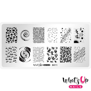 May include: A nail stamping plate with 9 different designs. The designs include aliens, planets, stars, constellations, and other space-themed imagery. The plate is labeled "What's Up Nails B011".