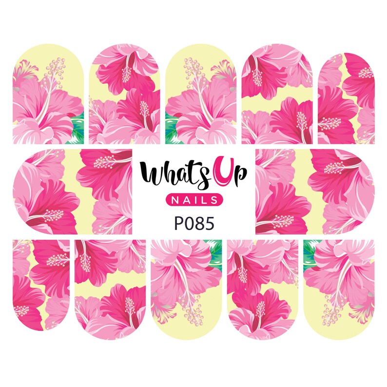 Puede incluir: Pegatinas para u&ntilde;as florales de color rosa y amarillo con el texto "What's Up Nails P085".