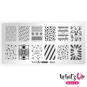 May include: A rectangular nail art stamping plate with various Christmas-themed designs. The designs include gingerbread men, penguins, snowflakes, Christmas trees, and reindeer. The plate also features the text "Merry Christmas" and "What's Up Nails B022".