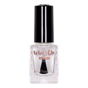 May include: A clear glass bottle of nail polish with a black cap. The bottle is labeled "What's Up Nails" in rose gold lettering. The bottle contains 11ml or 0.37 fl oz of polish.