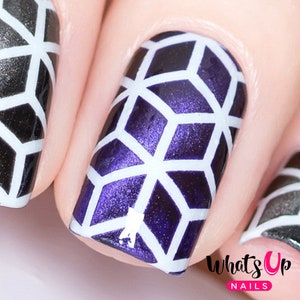 May include: Close-up of a fingernail with a geometric design. The nail is painted a dark purple color with white lines forming a pattern of hexagons. The design is sharp and modern.