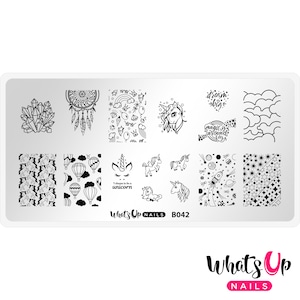 May include: A black and white nail stamping plate with 8 different designs featuring unicorns, rainbows, stars, clouds, hot air balloons, crystals, dreamcatchers, and the text "dream big" and "magic is around us".