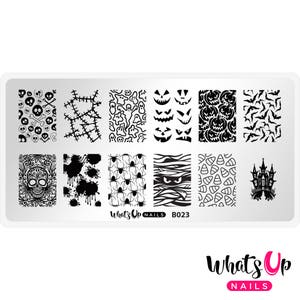 May include: A rectangular nail art stamping plate with various Halloween-themed designs. The designs include skulls, stitches, ghosts, jack-o'-lantern faces, bats, spiders, mummy bandages, candy corn, and a haunted castle. The plate has the text "What's Up NAILS B023".