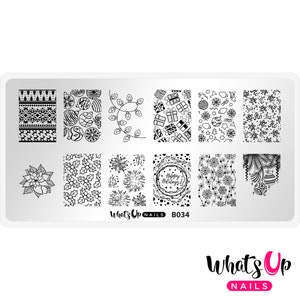 May include: A sheet of nail art stamping plates with 8 different Christmas designs. The designs include snowflakes, ornaments, lights, gifts, and a poinsettia. The plate is labeled "What's Up Nails B034".