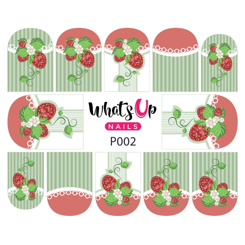 P002 Strawberry Fancy Green Water Decals Sliders for Nail Art image 1