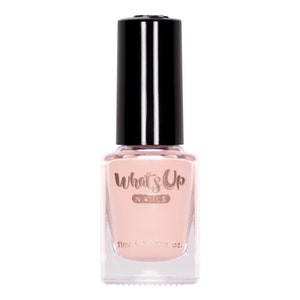 May include: A clear glass bottle of light pink nail polish with a black cap. The bottle has a label that says "What's Up Nails" and "11ml / 0.37 fl. oz."