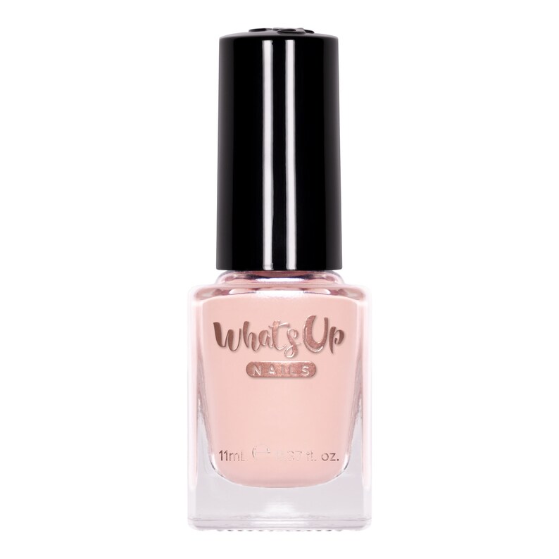 May include: A clear glass bottle of light pink nail polish with a black cap. The bottle has a label that says "What's Up Nails" and "11ml / 0.37 fl. oz."