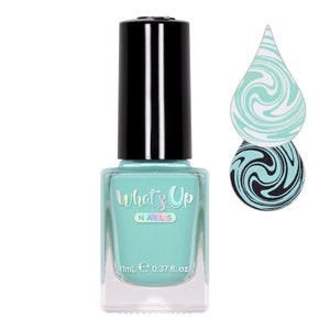 May include: A bottle of What's Up Nails turquoise blue nail polish with a black cap. The bottle is 11 ml or 0.37 fl oz. The image also shows a swirl design in turquoise and white, and a swirl design in turquoise and black.