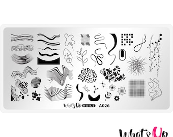 May include: A black and white nail stamping plate with a variety of abstract designs, including waves, lines, geometric shapes, and floral elements. The plate is labeled "What's Up Nails A026".