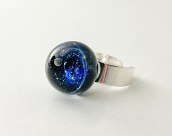 Blue glass ring, galaxy ring, Space glass, astronomy jewelry