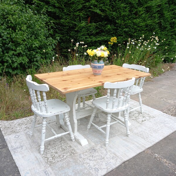 Gorgeous Pine Dining Table and 4 Chairs. Old White, Shabby Chic.