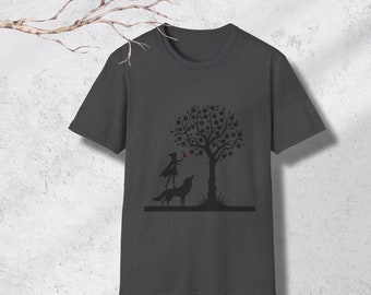 赤ずきんTシャツ 赤とオオカミの文学ギフト オオカミギフト オオカミ好きのハスキーママへの気まぐれなTシャツ 女性 男性 おとぎ話 毛皮 ママへのギフト