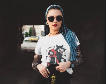 赤ずきんTシャツ ビッグバッドウルフホラーTシャツ 魔女Tシャツ ソフトスタイルヴィンテージ ワンスアポンアタイムリベンジTシャツ グランジTシャツ