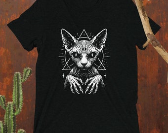 不気味な猫Tシャツ ゴスホラーTシャツ レディース メンズ スフィンクス 怖いギフト オカルト 黒猫 ハロウィン ウィッカシャツ 悪魔服 黒魔術