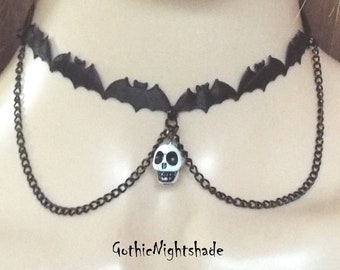 BLACK SILK BAT & Skull Choker, Halloween Necklace, Handmade
