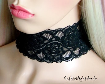 SCHWARZE BREITE SPITZE Gothic Choker, Schwarze Stretch Spitze Halskette, Halloween, Handgemacht