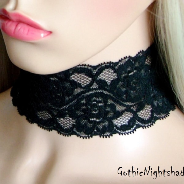 BLACK WIDE LACE Gothic Choker, Black Stretch Lace Necklace, Halloween, Handmade