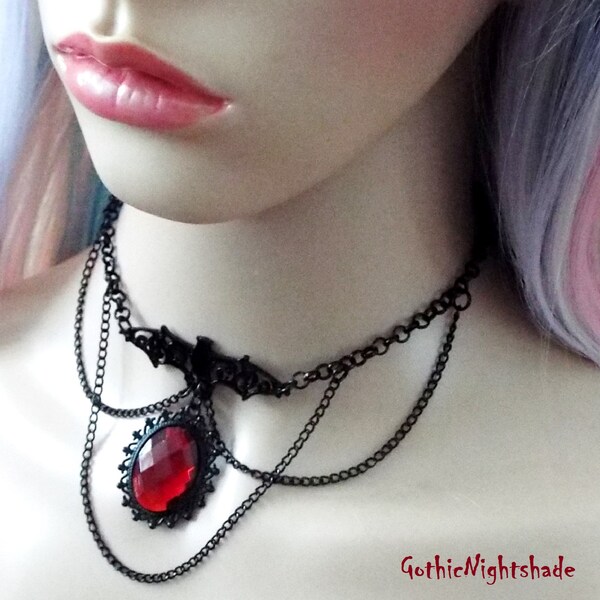 VAMPIRE BAT CHOKER, Black Bat Necklace, Blood Red Jeweled Necklace, Gothic Jewellery, Handmade, Halloween