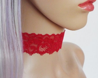 RED LACE CHOKER, Stretch Collar, Floral Lace Necklace, Gothic Pagan Wicca Jewellery, Handmade