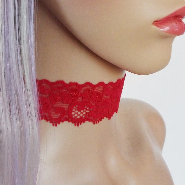 RED LACE CHOKER, Stretch Collar, Floral Lace Necklace, Gothic Pagan Wicca Jewellery, Handmade