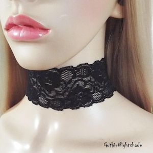 Black Wide Lace Choker: Gothic Stretch Necklace, Handmade