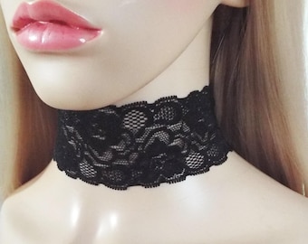 Black Wide Lace Choker: Gothic Stretch Necklace, Handmade
