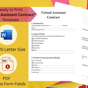 May include: A document titled "Virtual Assistant Contract" with editable form fields. The template is available in A4 and US Letter sizes. Includes a Microsoft Word icon and a PDF icon with a downward arrow.