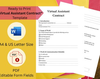 Vorlage für einen Vertrag über Virtueller Assistent | Bearbeitbare VA-Vereinbarung | Freelancer-Kundenvertrag | Sofortiger Download PDF & Word