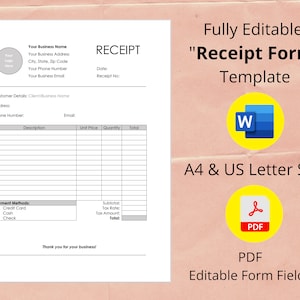 Printable Receipt Template, Editable Receipt Template, WORD Document Receipt Template, Business Receipt Template, Editable Receipt Form