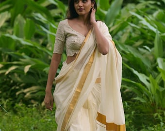 Handwoven Gold Kasavu Saree- Traditional Kerala Saree, Pure Zari Border Wedding & Festive Wear