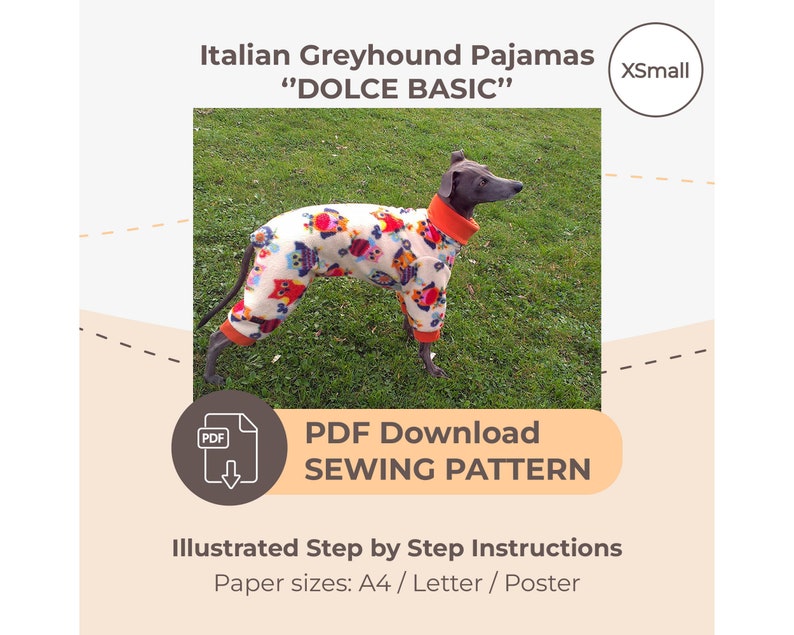 DOWNLOAD SEWING PATTERN / Italian Greyhound Pajamas Single Size XSmall / Paper sizes: A4 Letter Poster image 1